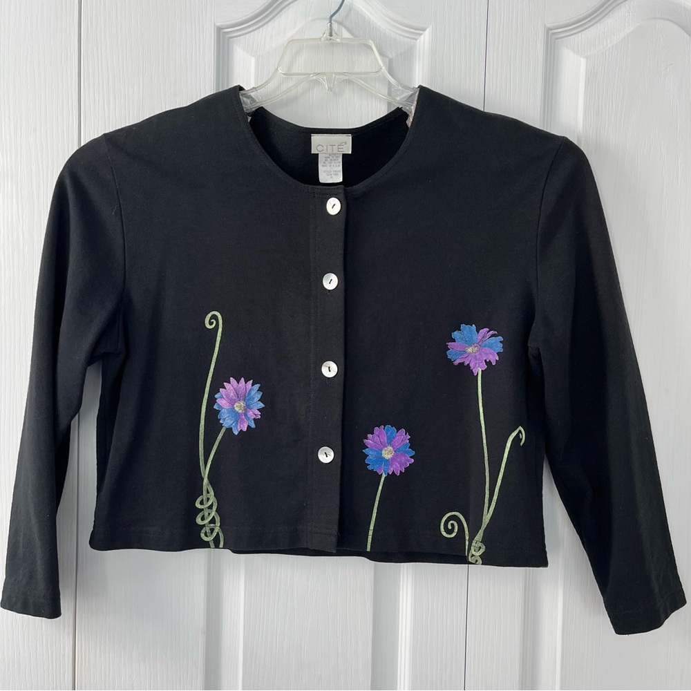 Vintage Cite Hand-Painted Black Floral Cropped Lightweight Cotton Jacket Size M